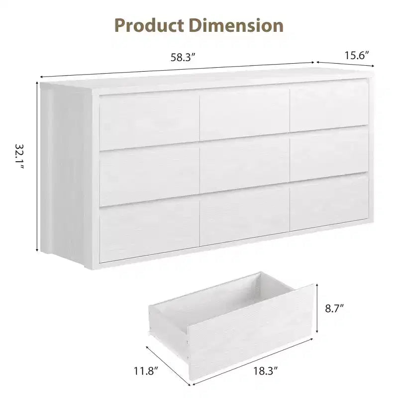 Cassettiera a 9 cassetti larga in legno moderna - Grande cassettiera per camera da letto, soggiorno e ingresso