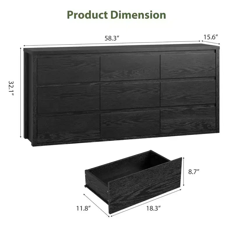 Cassettiera a 9 cassetti larga in legno moderna - Grande cassettiera per camera da letto, soggiorno e ingresso