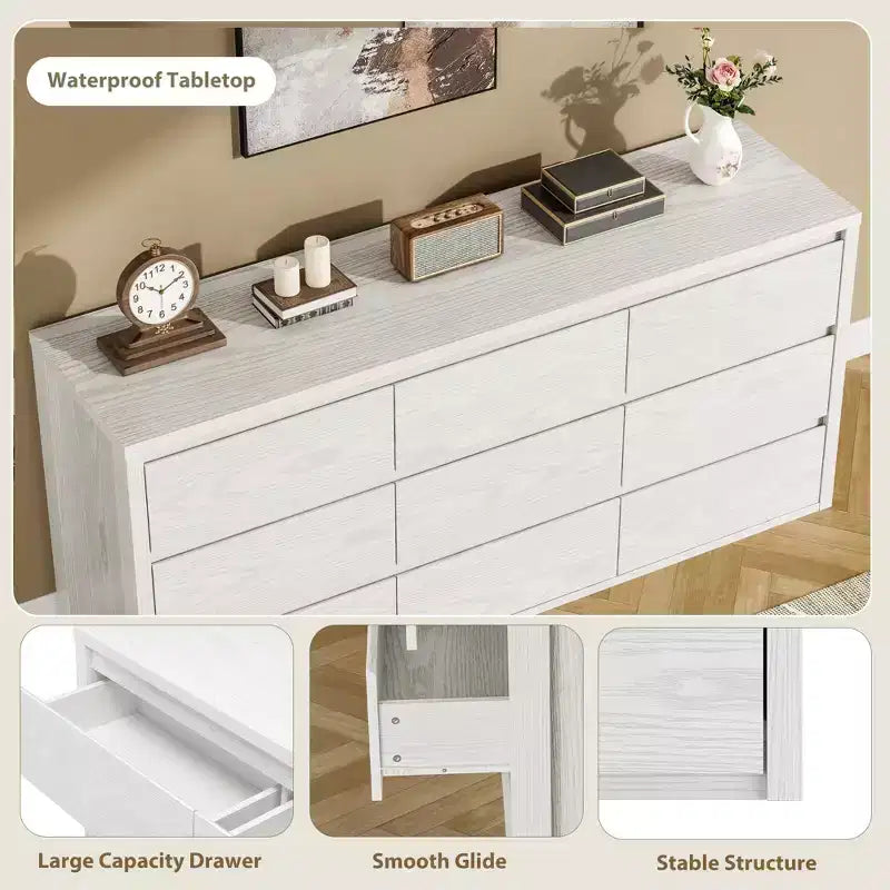 Cassettiera a 9 cassetti larga in legno moderna - Grande cassettiera per camera da letto, soggiorno e ingresso