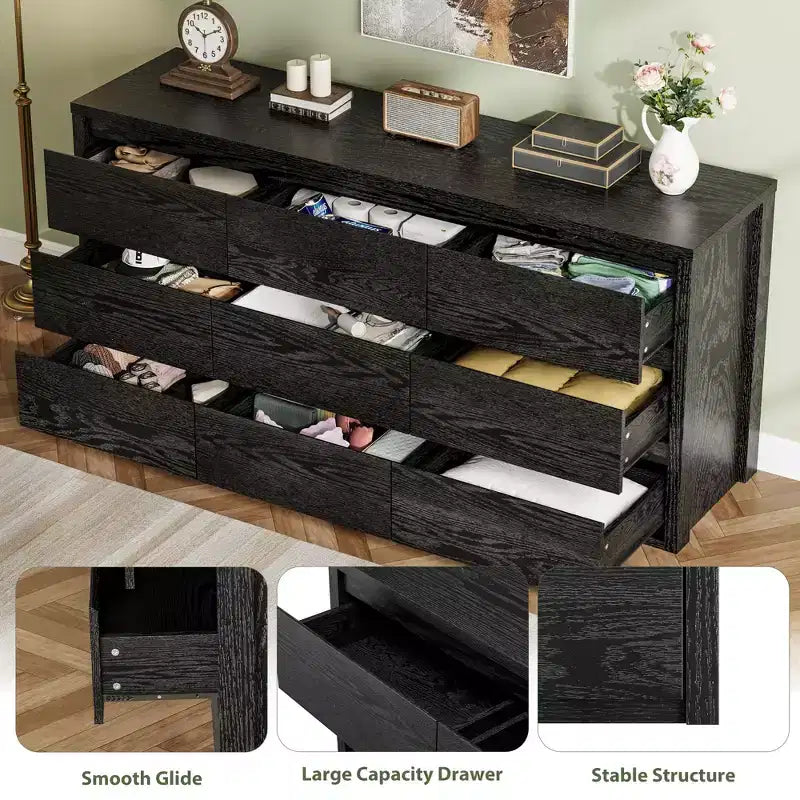 Cassettiera a 9 cassetti larga in legno moderna - Grande cassettiera per camera da letto, soggiorno e ingresso