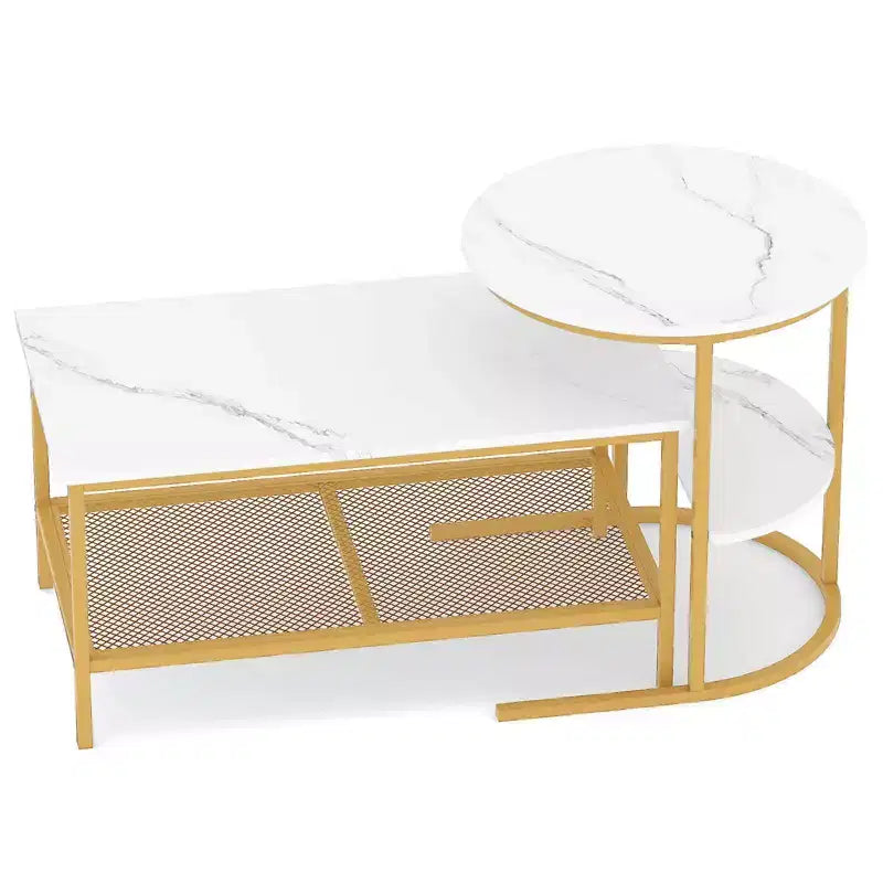 Costway Tavolino da caffè set di 2, tavolini rettangolari a 2 ripiani, bianco e oro/marrone rustico e nero/bianco e nero