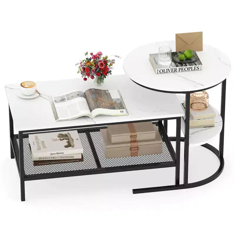 Costway Tavolino da caffè set di 2, tavolini rettangolari a 2 ripiani, bianco e oro/marrone rustico e nero/bianco e nero