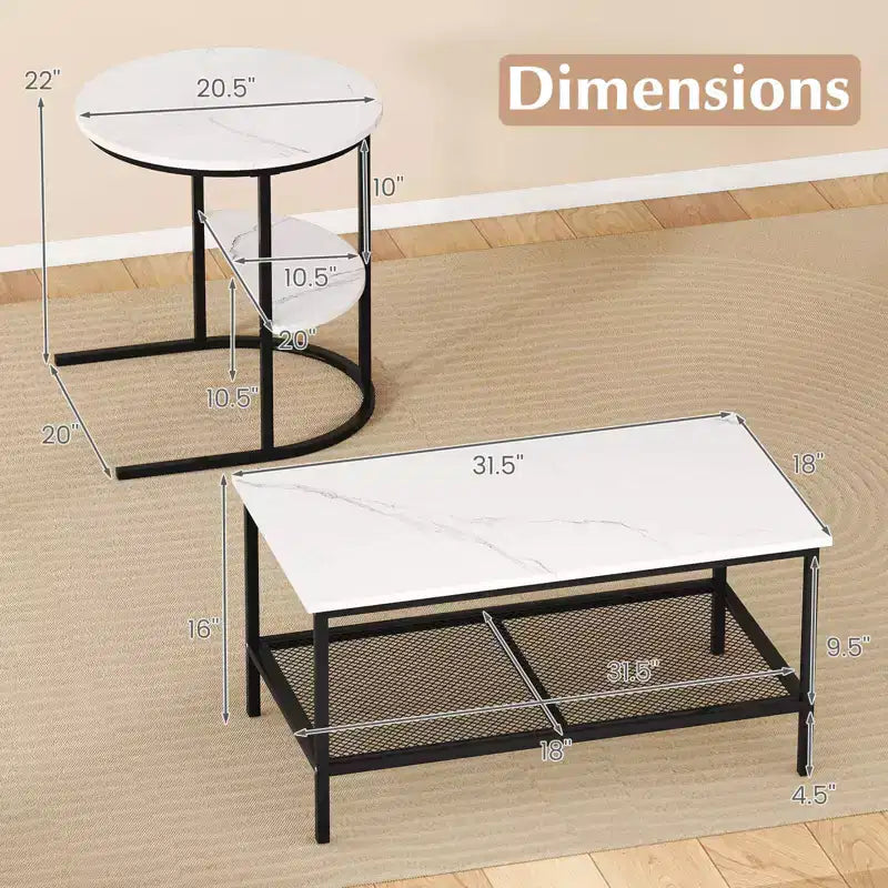Costway Tavolino da caffè set di 2, tavolini rettangolari a 2 ripiani, bianco e oro/marrone rustico e nero/bianco e nero