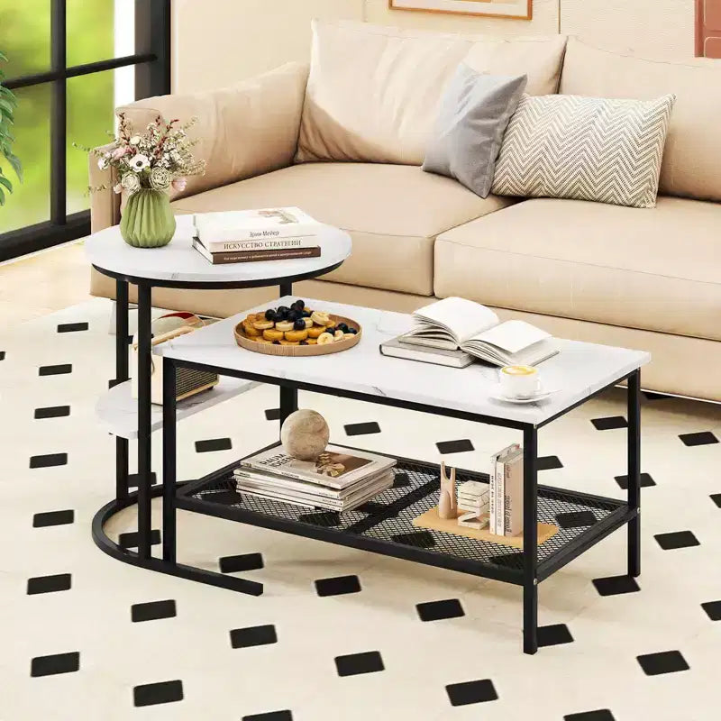 Costway Tavolino da caffè set di 2, tavolini rettangolari a 2 ripiani, bianco e oro/marrone rustico e nero/bianco e nero