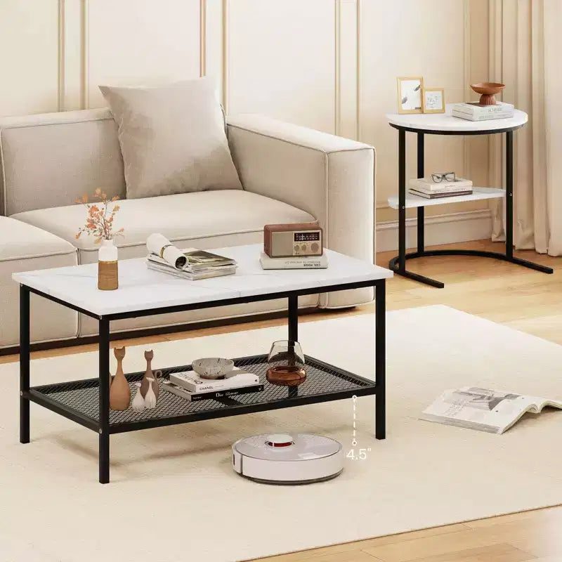 Costway Tavolino da caffè set di 2, tavolini rettangolari a 2 ripiani, bianco e oro/marrone rustico e nero/bianco e nero