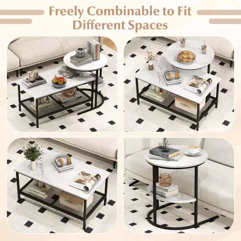 Costway Tavolino da caffè set di 2, tavolini rettangolari a 2 ripiani, bianco e oro/marrone rustico e nero/bianco e nero