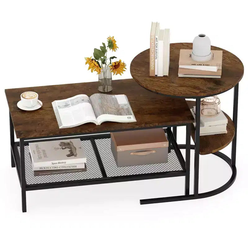 Costway Tavolino da caffè set di 2, tavolini rettangolari a 2 ripiani, bianco e oro/marrone rustico e nero/bianco e nero