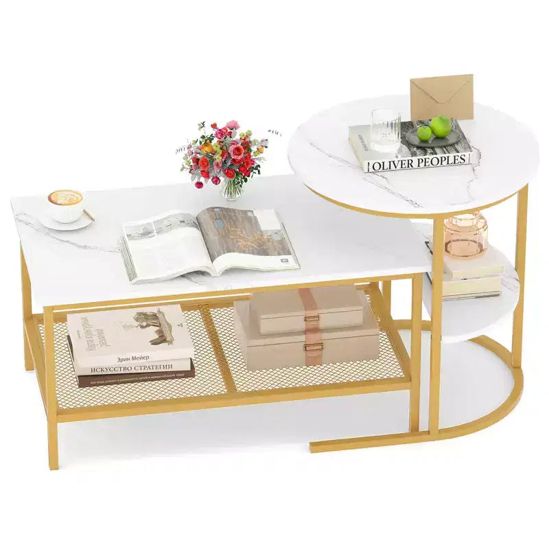 Costway Tavolino da caffè set di 2, tavolini rettangolari a 2 ripiani, bianco e oro/marrone rustico e nero/bianco e nero