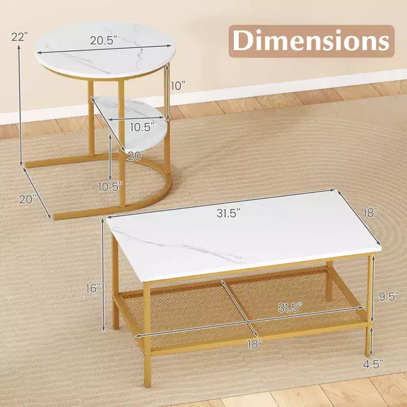 Costway Tavolino da caffè set di 2, tavolini rettangolari a 2 ripiani, bianco e oro/marrone rustico e nero/bianco e nero