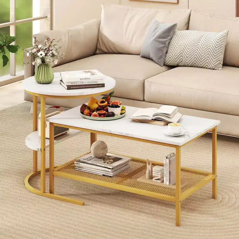 Costway Tavolino da caffè set di 2, tavolini rettangolari a 2 ripiani, bianco e oro/marrone rustico e nero/bianco e nero