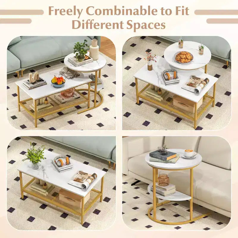 Costway Tavolino da caffè set di 2, tavolini rettangolari a 2 ripiani, bianco e oro/marrone rustico e nero/bianco e nero