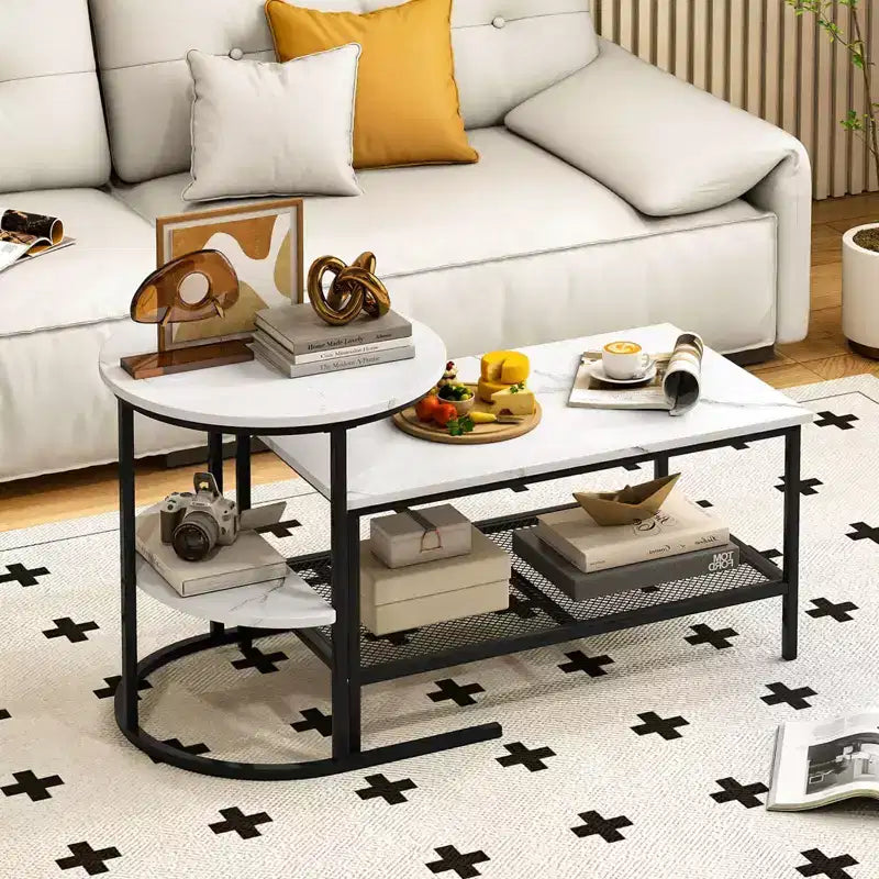 Costway Tavolino da caffè set di 2, tavolini rettangolari a 2 ripiani, bianco e oro/marrone rustico e nero/bianco e nero