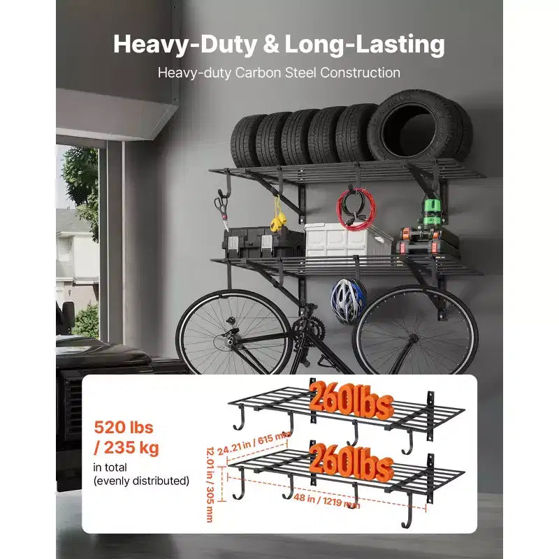 VEVOR Scaffalatura da Garage a Muro a 2 Ripiani, Scaffalatura a Muro in Acciaio da 60 x 120 cm con Ganci, 60 x 120 cm per Ripiano, Capacità Totale di 235 kg, Nero