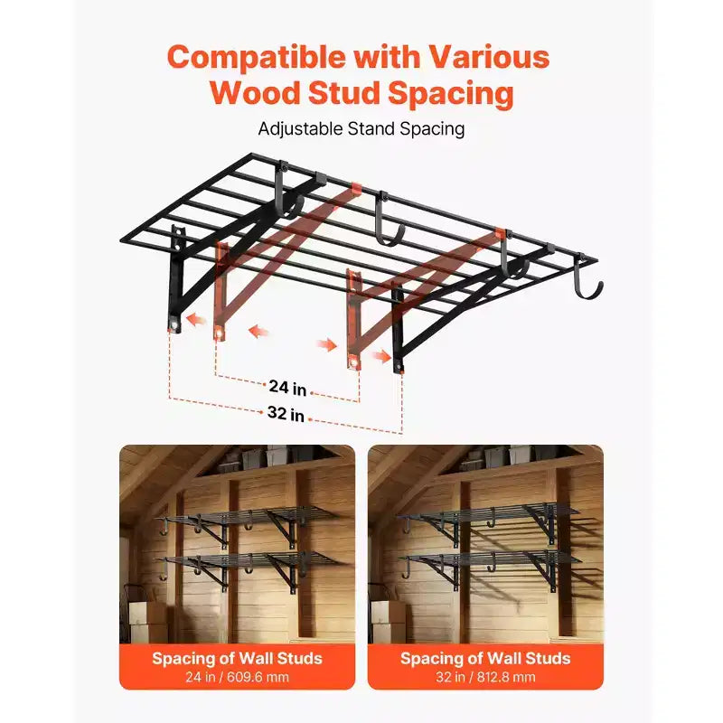 VEVOR Scaffalatura da Garage a Muro a 2 Ripiani, Scaffalatura a Muro in Acciaio da 60 x 120 cm con Ganci, 60 x 120 cm per Ripiano, Capacità Totale di 235 kg, Nero