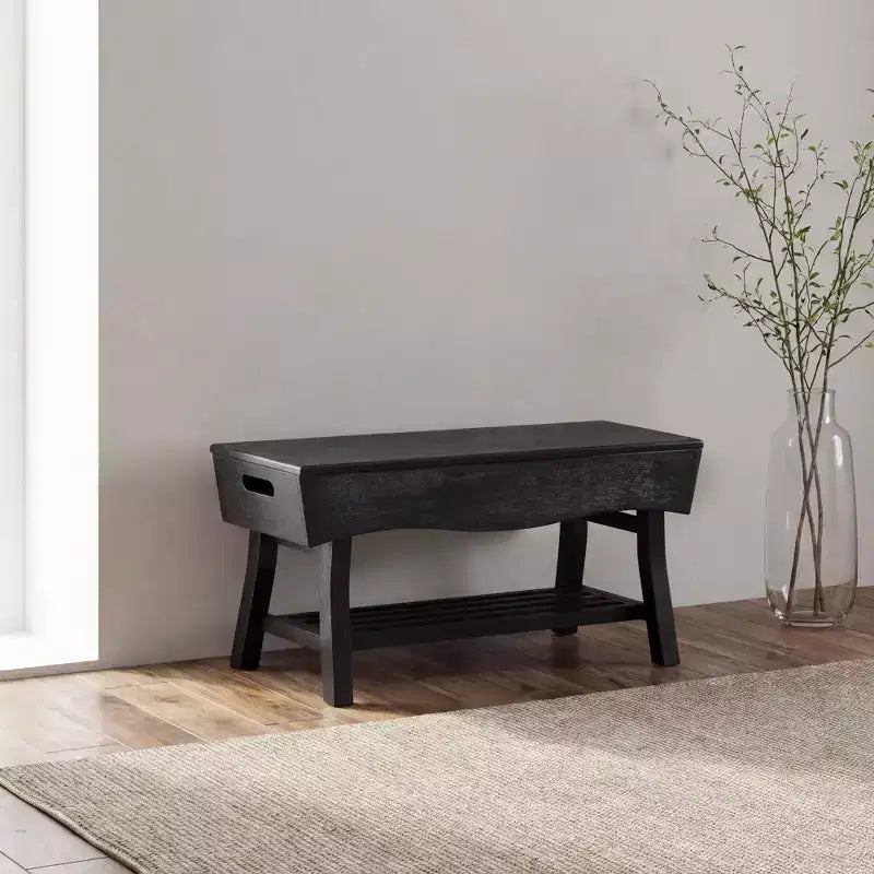 eHemco Panca in Legno Massello con Ripiano Contenitore e 4 Pannelli, 36x15,25x17,3 Pollici, Nero