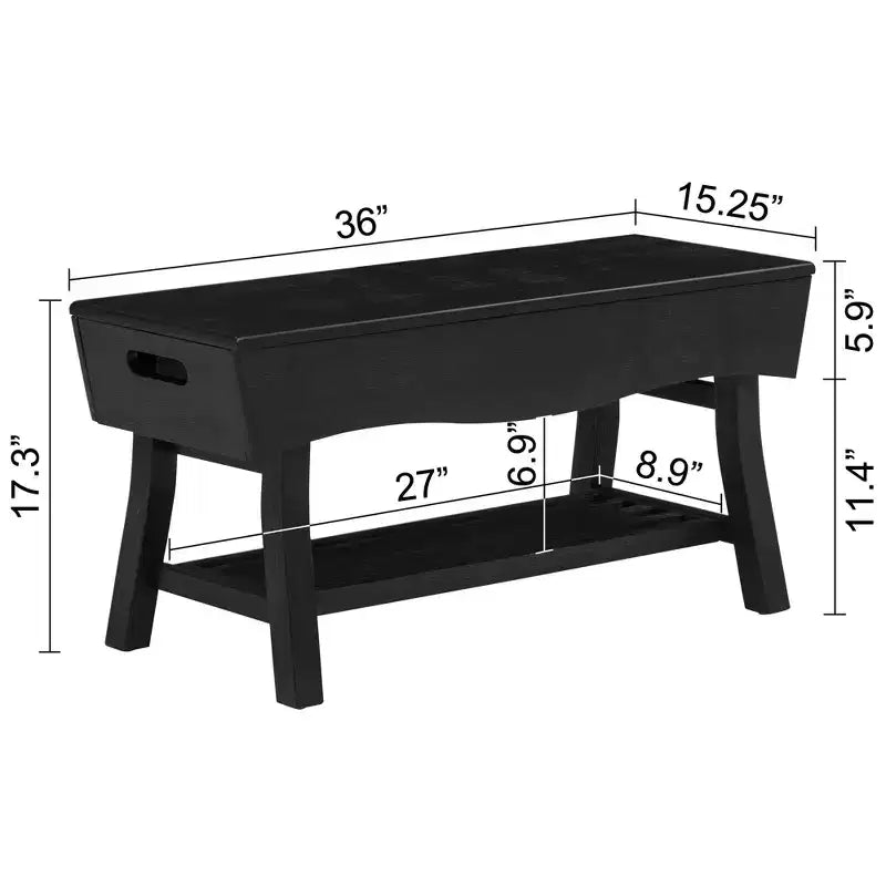 eHemco Panca in Legno Massello con Ripiano Contenitore e 4 Pannelli, 36x15,25x17,3 Pollici, Nero