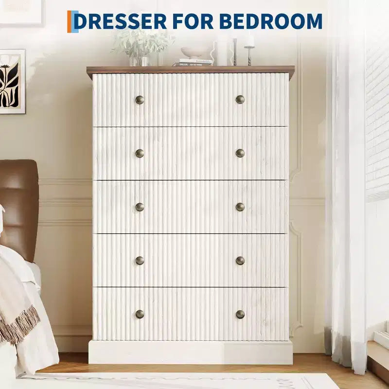 Acekool Cassettiera Alta a 5 Cassetti per Camera da Letto, Armadio Verticale in Legno con Base Rialzata