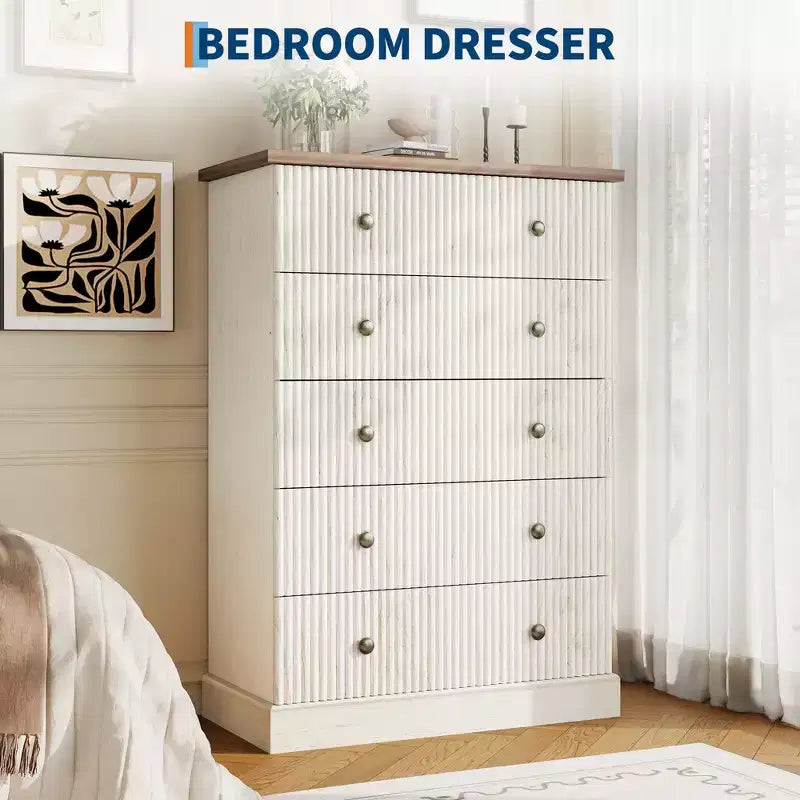 Acekool Cassettiera Alta a 5 Cassetti per Camera da Letto, Armadio Verticale in Legno con Base Rialzata