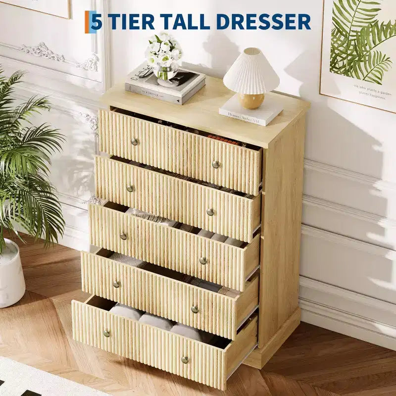 Acekool Cassettiera Alta a 5 Cassetti per Camera da Letto, Armadio Verticale in Legno con Base Rialzata
