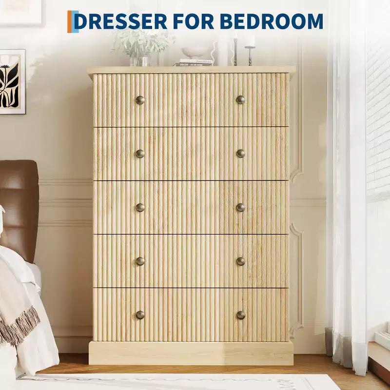 Acekool Cassettiera Alta a 5 Cassetti per Camera da Letto, Armadio Verticale in Legno con Base Rialzata