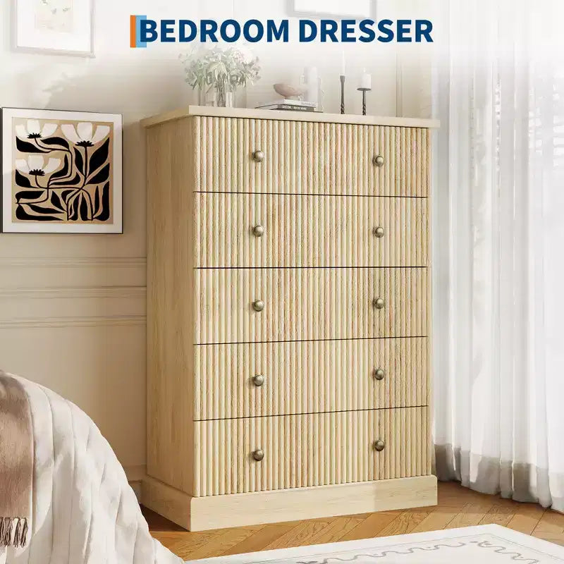Acekool Cassettiera Alta a 5 Cassetti per Camera da Letto, Armadio Verticale in Legno con Base Rialzata