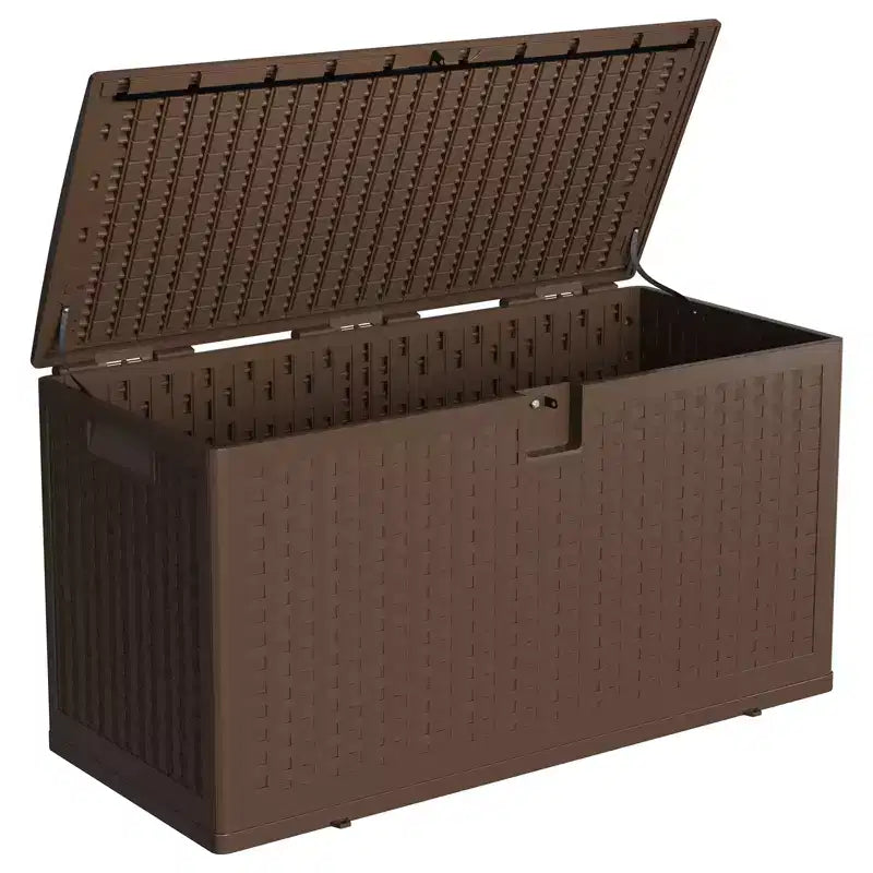 Baule da Esterno da 276 Litri in Rattan, Panca Contenitore da Esterno con Coperchio Lucchettabile, in Resina Impermeabile per Cuscini da Giardino, Attrezzature da Giardino e da Piscina