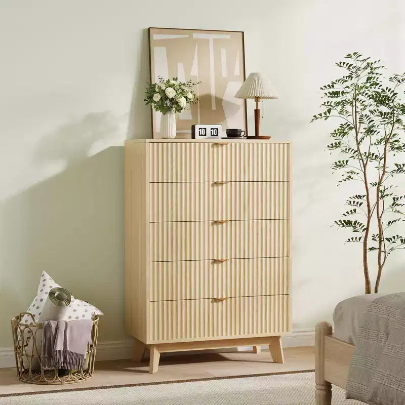 Cassettiere a 5 cassetti 2 pz, Cassettiere con scanalature, Comò organizer in legno per camera da letto, soggiorno, corridoio, naturale