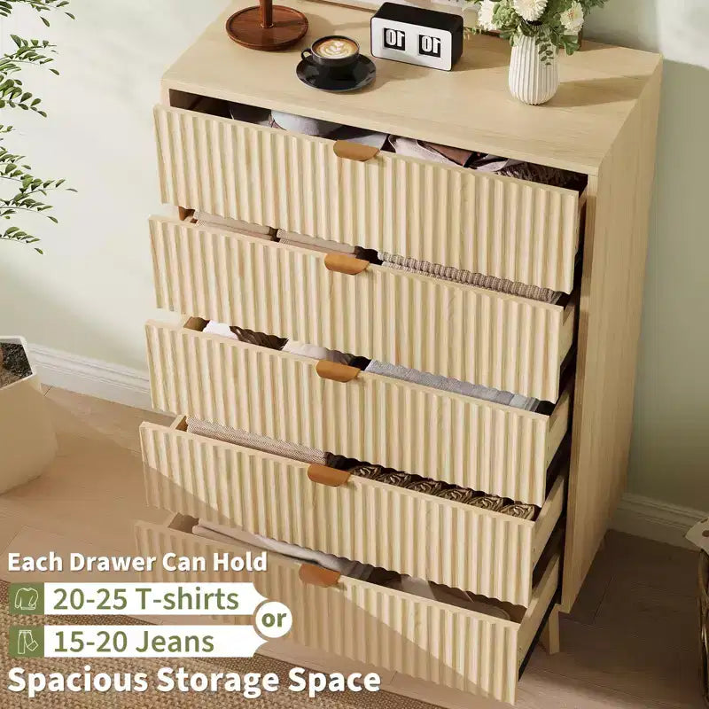 Cassettiere a 5 cassetti 2 pz, Cassettiere con scanalature, Comò organizer in legno per camera da letto, soggiorno, corridoio, naturale