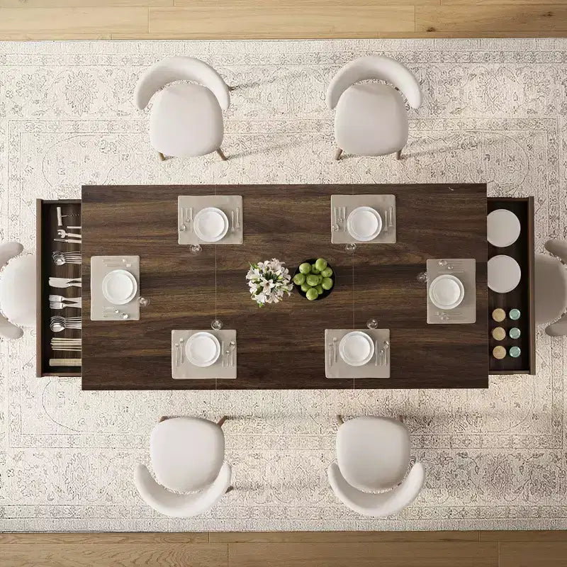 71 Tavolo da Cucina in Legno con Due Cassetti - Tavolo da Pranzo Grande per 6-8 Persone con Struttura Robusta, Tavolo da Pranzo Rettangolare con Doppio Piedistallo, per Cucina