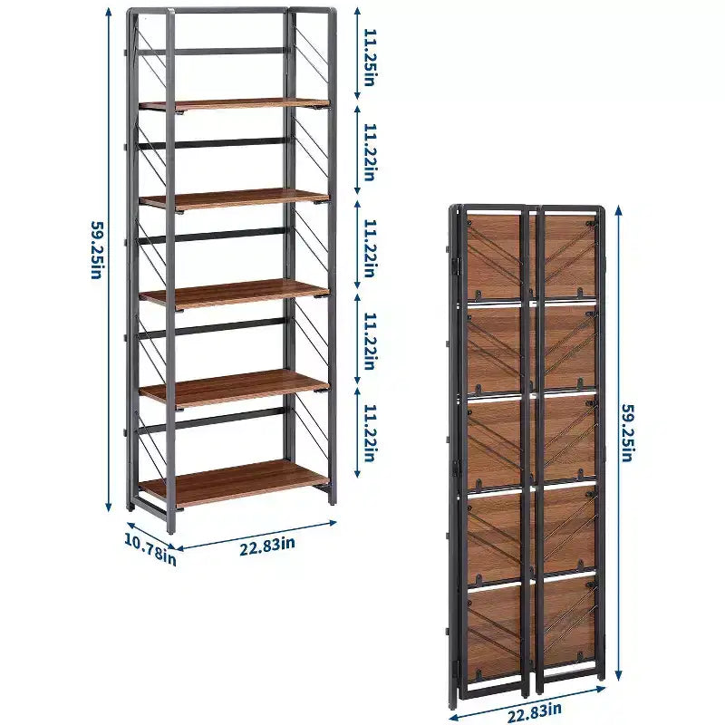 Libreria Pieghevole - Scaffale da Ufficio Vintage a 4 Ripiani - Nessun Montaggio Richiesto - Robusta Struttura Nera e Legno Marrone
