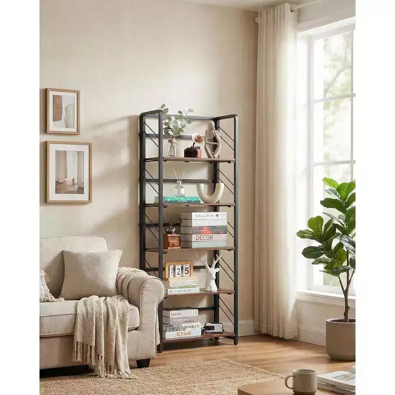 Libreria Pieghevole - Scaffale da Ufficio Vintage a 4 Ripiani - Nessun Montaggio Richiesto - Robusta Struttura Nera e Legno Marrone