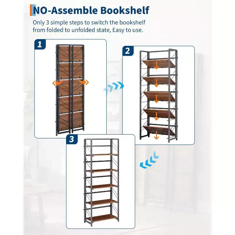 Libreria Pieghevole - Scaffale da Ufficio Vintage a 4 Ripiani - Nessun Montaggio Richiesto - Robusta Struttura Nera e Legno Marrone