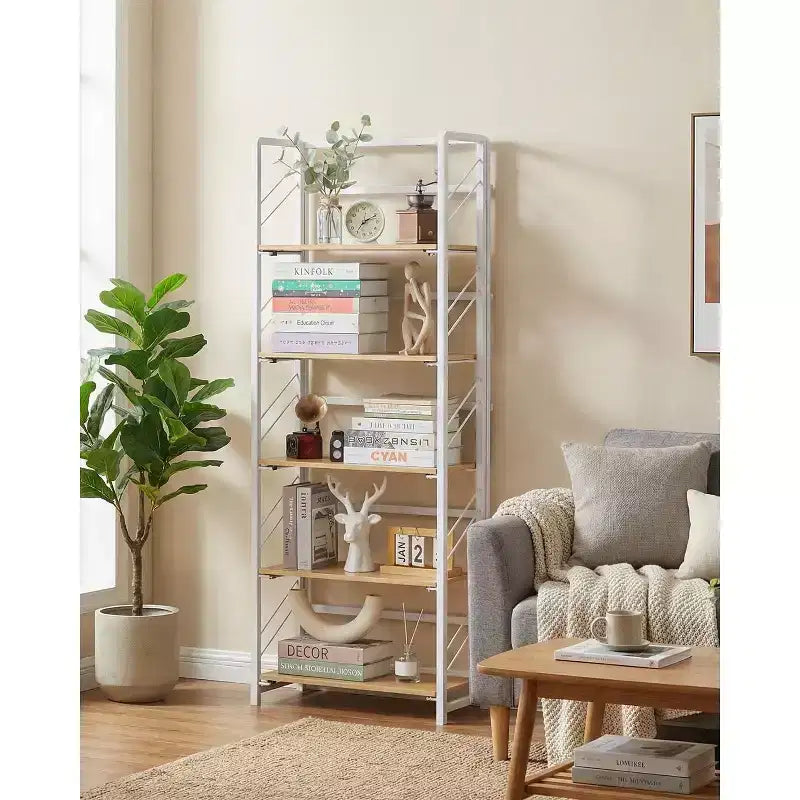 Libreria Pieghevole - Scaffale da Ufficio Vintage a 4 Ripiani - Nessun Montaggio Richiesto - Robusta Struttura Nera e Legno Marrone