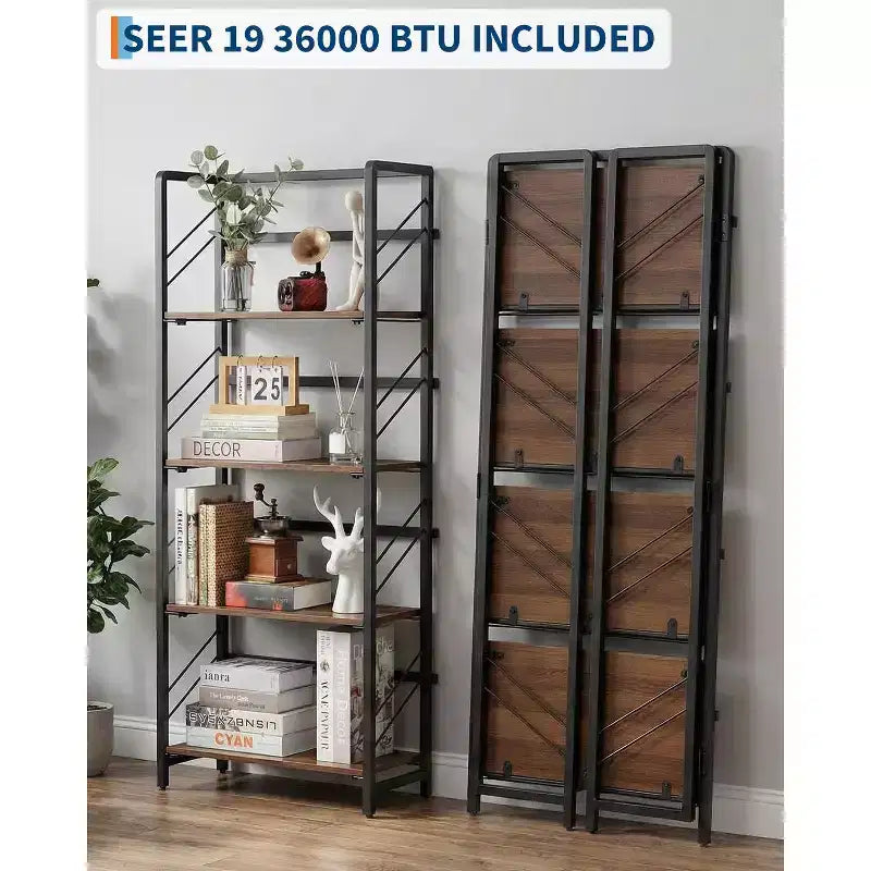Libreria Pieghevole - Scaffale da Ufficio Vintage a 4 Ripiani - Nessun Montaggio Richiesto - Robusta Struttura Nera e Legno Marrone