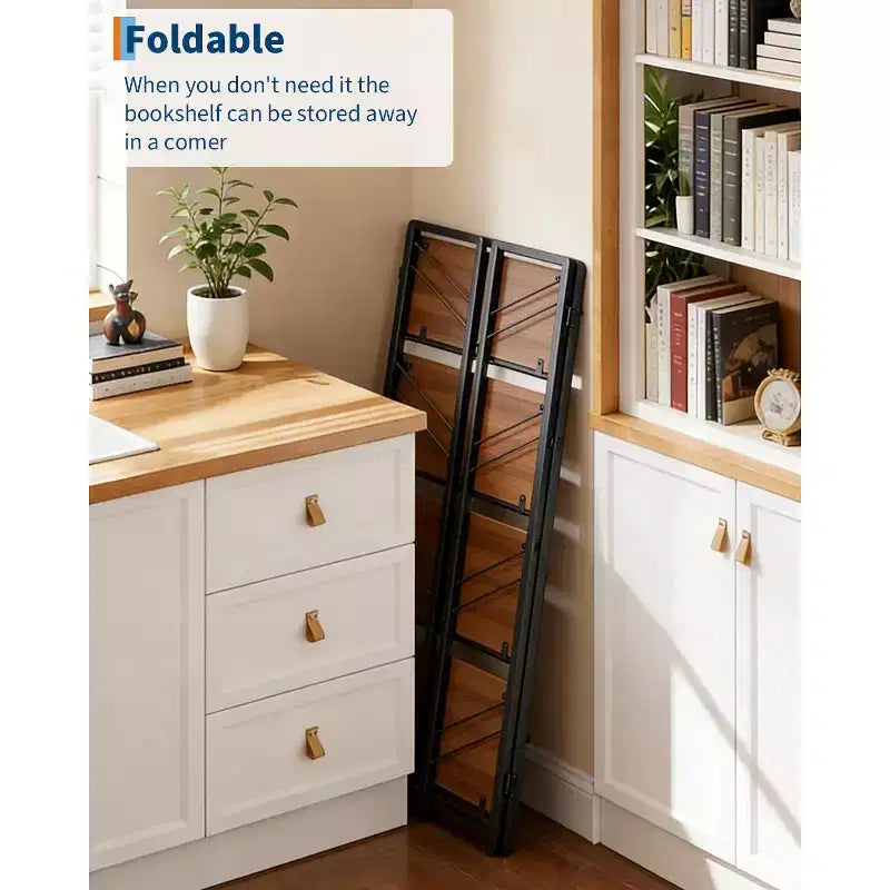 Libreria Pieghevole - Scaffale da Ufficio Vintage a 4 Ripiani - Nessun Montaggio Richiesto - Robusta Struttura Nera e Legno Marrone