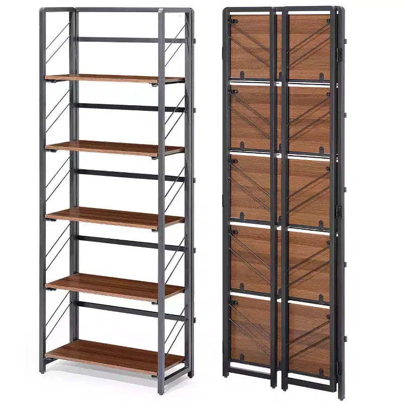 Estantería plegable - Librería vintage de 4 niveles para oficina - No requiere montaje - Estructura resistente negra y madera marrón