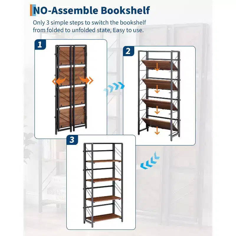 Libreria Pieghevole - Scaffale da Ufficio Vintage a 4 Ripiani - Nessun Montaggio Richiesto - Robusta Struttura Nera e Legno Marrone
