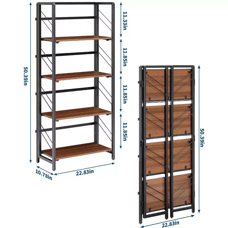 Libreria Pieghevole - Scaffale da Ufficio Vintage a 4 Ripiani - Nessun Montaggio Richiesto - Robusta Struttura Nera e Legno Marrone