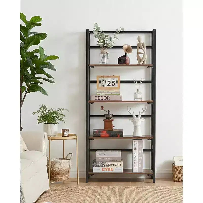 Libreria Pieghevole - Scaffale da Ufficio Vintage a 4 Ripiani - Nessun Montaggio Richiesto - Robusta Struttura Nera e Legno Marrone