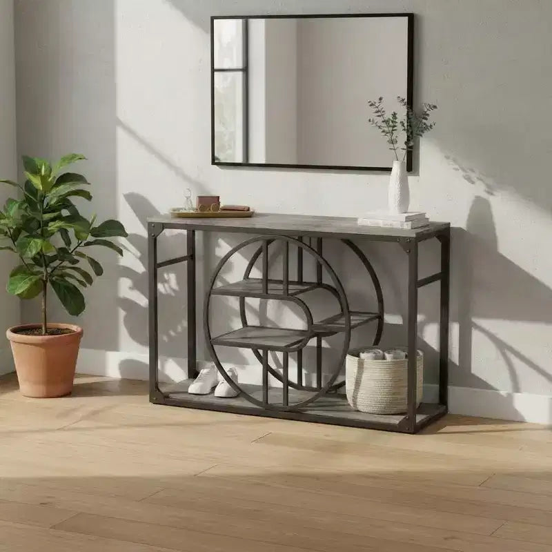 Tavolo d'ingresso da 55", consolle a 5 ripiani per ingresso, con struttura in metallo a forma di o e ripiani portaoggetti, tavoli da divano industriali per soggiorno