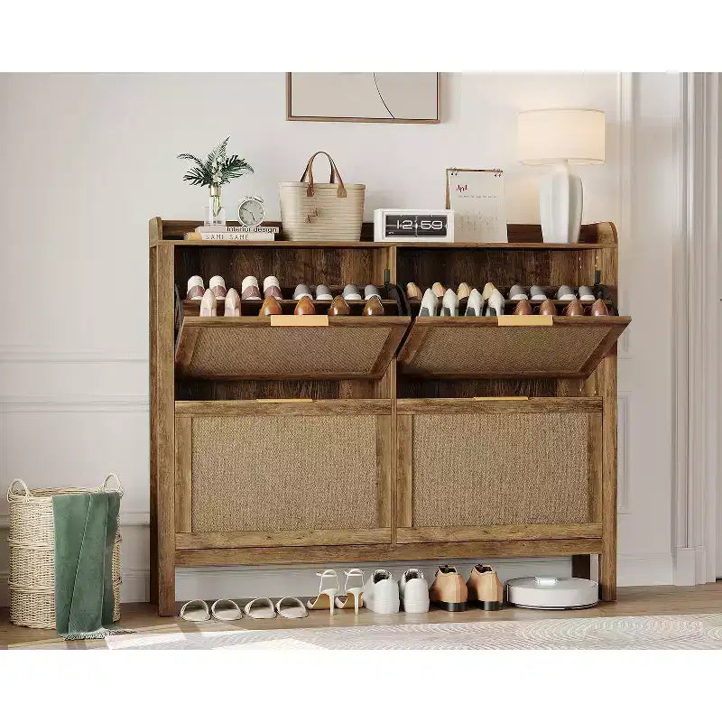 Scarpiera in Rattan Stile Fattoria, Scarpiera Boho da 47 Pollici con 4 Cassetti a Ribalta, Scarpiera Stretta Indipendente per Ingresso, Marrone