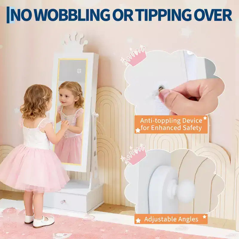 Portagioie Armadietto per Bambini, Organizzatore di Gioielli a Colonna con Specchio a Figura Intera, 3 Cassetti, Specchio da Toeletta per Bambine