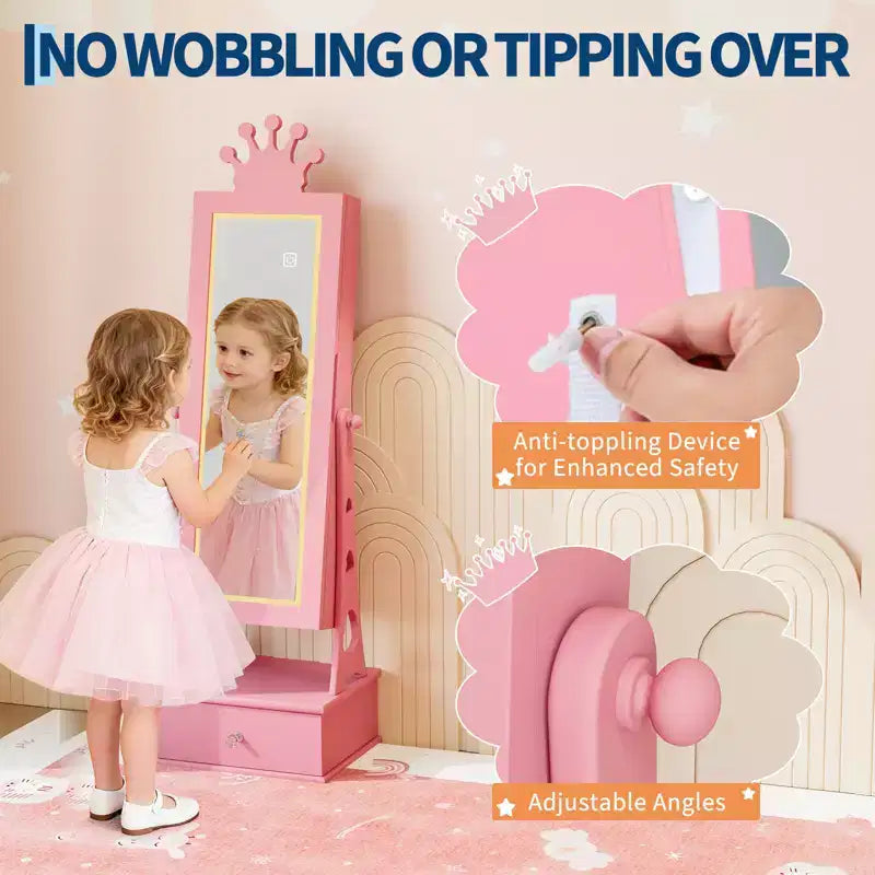 Portagioie Armadietto per Bambini, Organizzatore di Gioielli a Colonna con Specchio a Figura Intera, 3 Cassetti, Specchio da Toeletta per Bambine