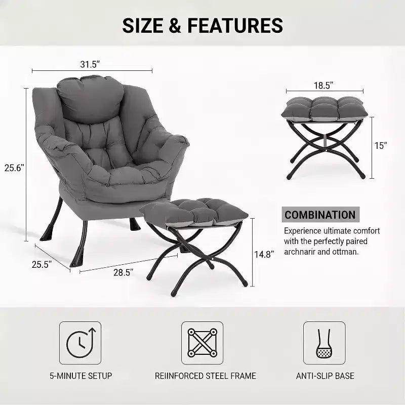 Poltrona Relax Summit Adventure con Pouf, Poltrona Moderna da Salotto Imbottita con Braccioli e Tasca Laterale, Grigio Scuro