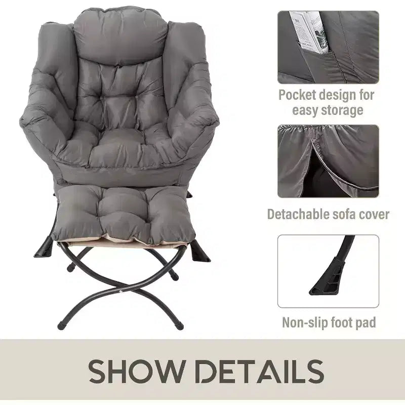 Poltrona Relax Summit Adventure con Pouf, Poltrona Moderna da Salotto Imbottita con Braccioli e Tasca Laterale, Grigio Scuro