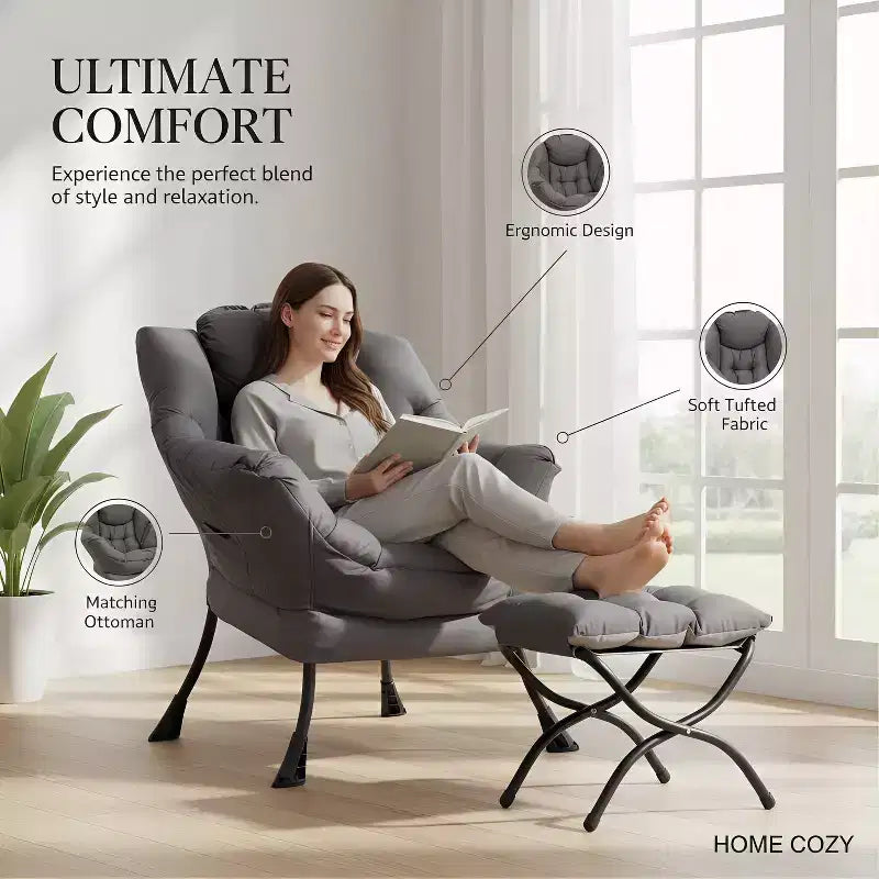 Poltrona Relax Summit Adventure con Pouf, Poltrona Moderna da Salotto Imbottita con Braccioli e Tasca Laterale, Grigio Scuro