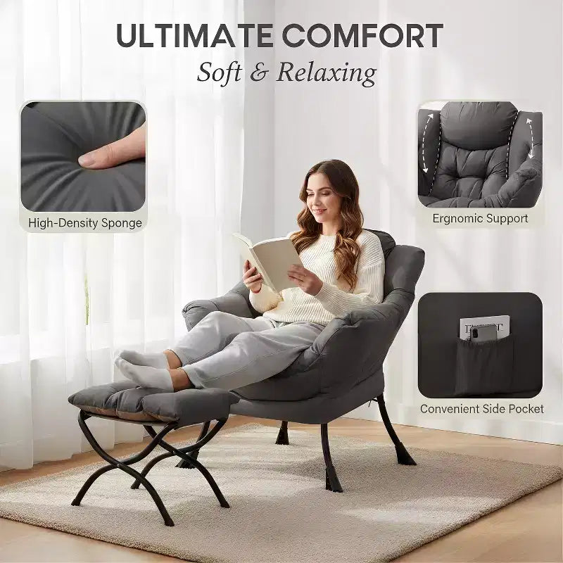 Poltrona Relax Summit Adventure con Pouf, Poltrona Moderna da Salotto Imbottita con Braccioli e Tasca Laterale, Grigio Scuro