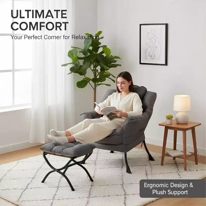 Poltrona Relax Summit Adventure con Pouf, Poltrona Moderna da Salotto Imbottita con Braccioli e Tasca Laterale, Grigio Scuro