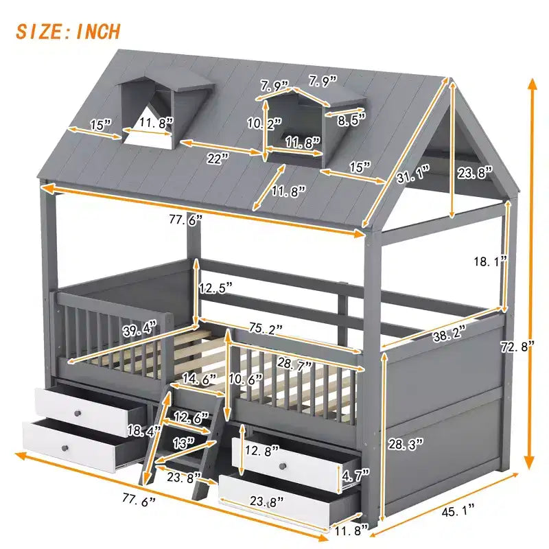 Luxystar Letto a Capanna Moderno in Legno con 4 Cassetti e Mensola