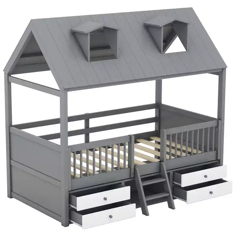 Luxystar Letto a Capanna Moderno in Legno con 4 Cassetti e Mensola